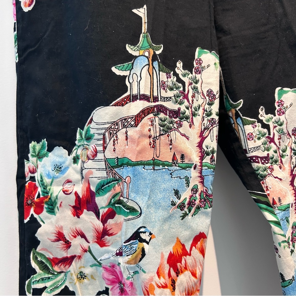 Rene Derhy Cropped Capri Pants Black Japanese motif vintage boho unique retro S - Picture 2 of 6
